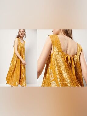 Massimo Dutti Metallic Gold Brocade Midi Dress Wide Strap Party Dress Shimmer